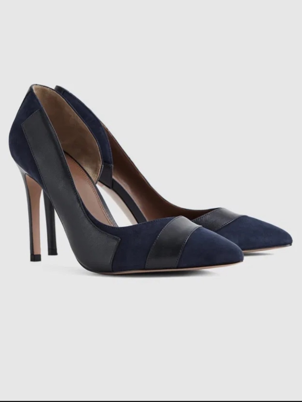 REISS Augusta Point Toe Court Suede Heels in Navy - Picture 2 of 13